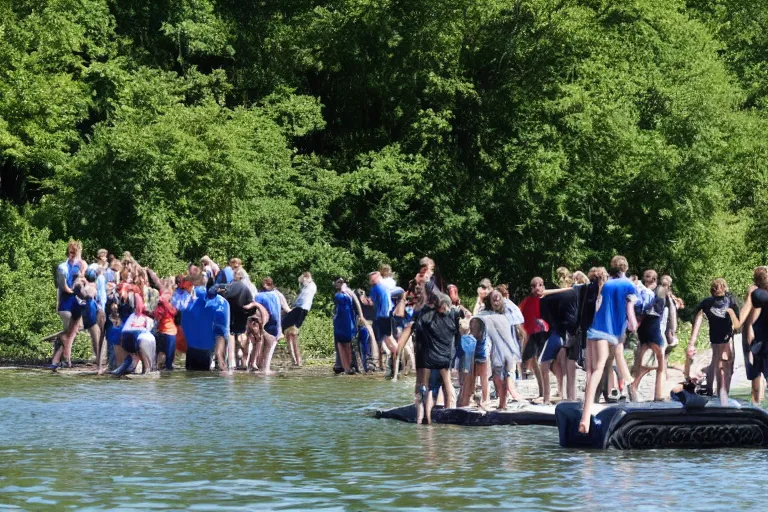 Prompt: Group of teenagers push rolls roys into lake from small slide