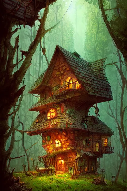 Prompt: a storybook style ramshackle multistory fairytale hut in the forest, artwork by Marc Simonetti