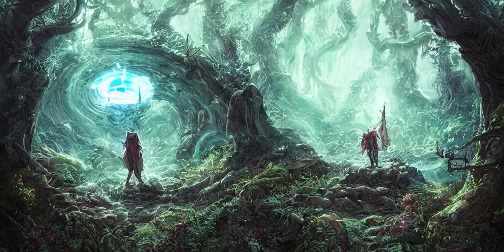 Prompt: A wizard summoning a portal in the forest to another land by ross tran, hyper-detailed, intricate, wide angle, beautiful, fantasy, concept art