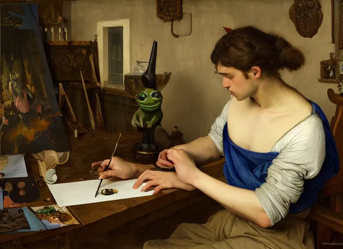 Image similar to a young painter in his studio painting a picture of pepe the frog, by edgar maxence and caravaggio and michael whelan and delacroix style, artistic, intricate drawing, cinematic lighting, hyper realistic, extremely detailed, establishing shot, 8 k resolution, dramatic lighting