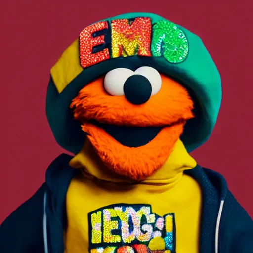 Image similar to Elmo from sesame street dressed up as a mega stylish rapper, wearing a hoodie and gold chain and backwards hat, in New York City, highly detailed, 4K, moody lighting, 90’s vibe, 3d render, octane redshift, 8k