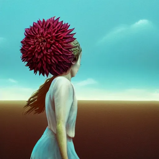 Image similar to closeup giant dahlia flower under head, girl walking between dunes, surreal photography, sunrise, blue sky, dramatic light, impressionist painting, digital painting, artstation, simon stalenhag