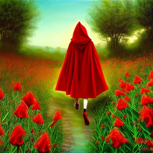 Image similar to painting of little red riding hood walking through a meadow of datura flowers, realistic