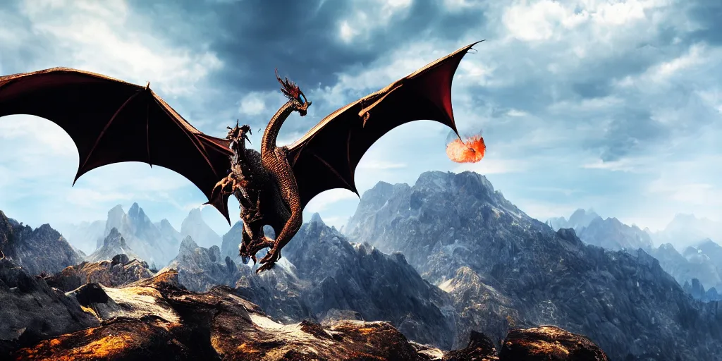 Prompt: A dragon breathing fire on the top of a mountain, epic wings half open, epic composition, detailed and intricate image, cinematic, 4K