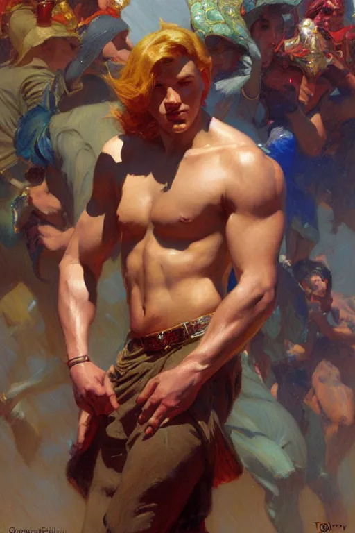 Prompt: festival, attractive male, character design, dynamic lighting, cool and bright tint, painting by gaston bussiere, craig mullins, j. c. leyendecker, tom of finland