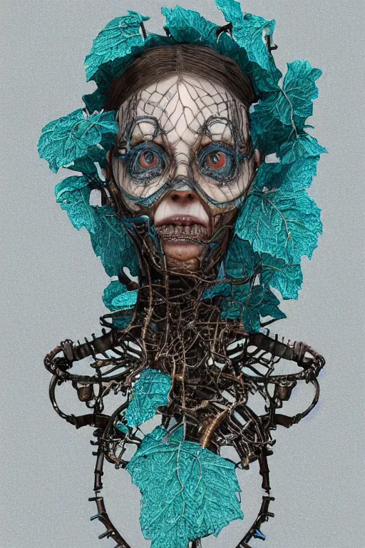 Prompt: complex 3d render ultra detailed of a beautiful dark dirty cracked porcelain old woman face, rusty biomechanical cyborg, analog, 150 mm lens, beautiful natural soft rim light, big leaves and stems, roots, fine foliage lace, turquoise gold details, Alexander Mcqueen high fashion haute couture, art nouveau fashion embroidered, steampunk, intricate details, mesh wire, mandelbrot fractal, anatomical, facial muscles, cable wires, microchip, elegant, hyper realistic, in front of dark flower pattern wallpaper, ultra detailed, octane render, volumetric lighting, 8k post-production