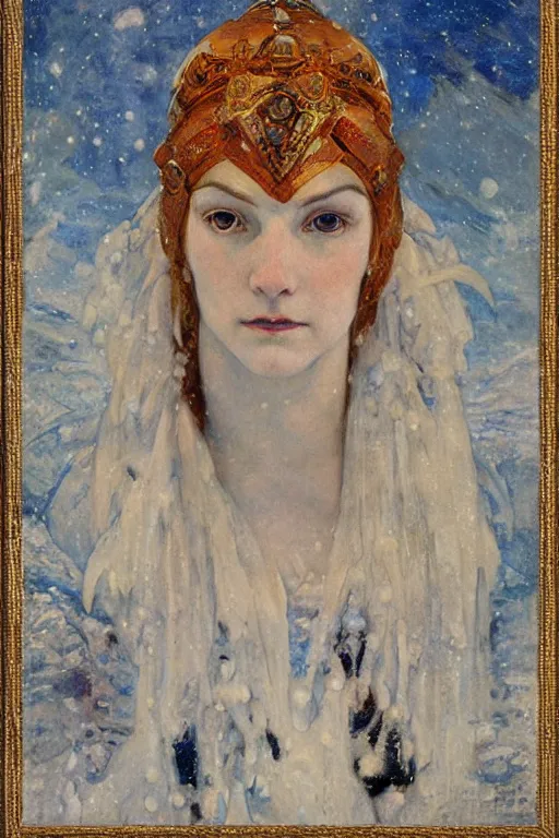 Image similar to queen of snow and ice by Annie Swynnerton and Nicholas Roerich, strong dramatic cinematic lighting , ornate headdress , flowing robes, lost civilizations, smooth, sharp focus, extremely detailed