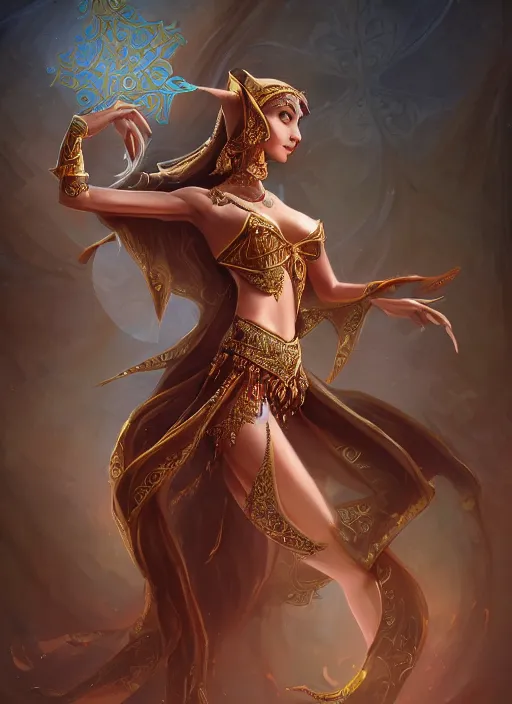 Image similar to a highly detailed illustration of an elegant elf arabian dancer, gracefully belly dancing pose, waving arms, intricate, elegant, highly detailed, centered, digital painting, artstation, concept art, smooth, sharp focus, league of legends concept art, WLOP