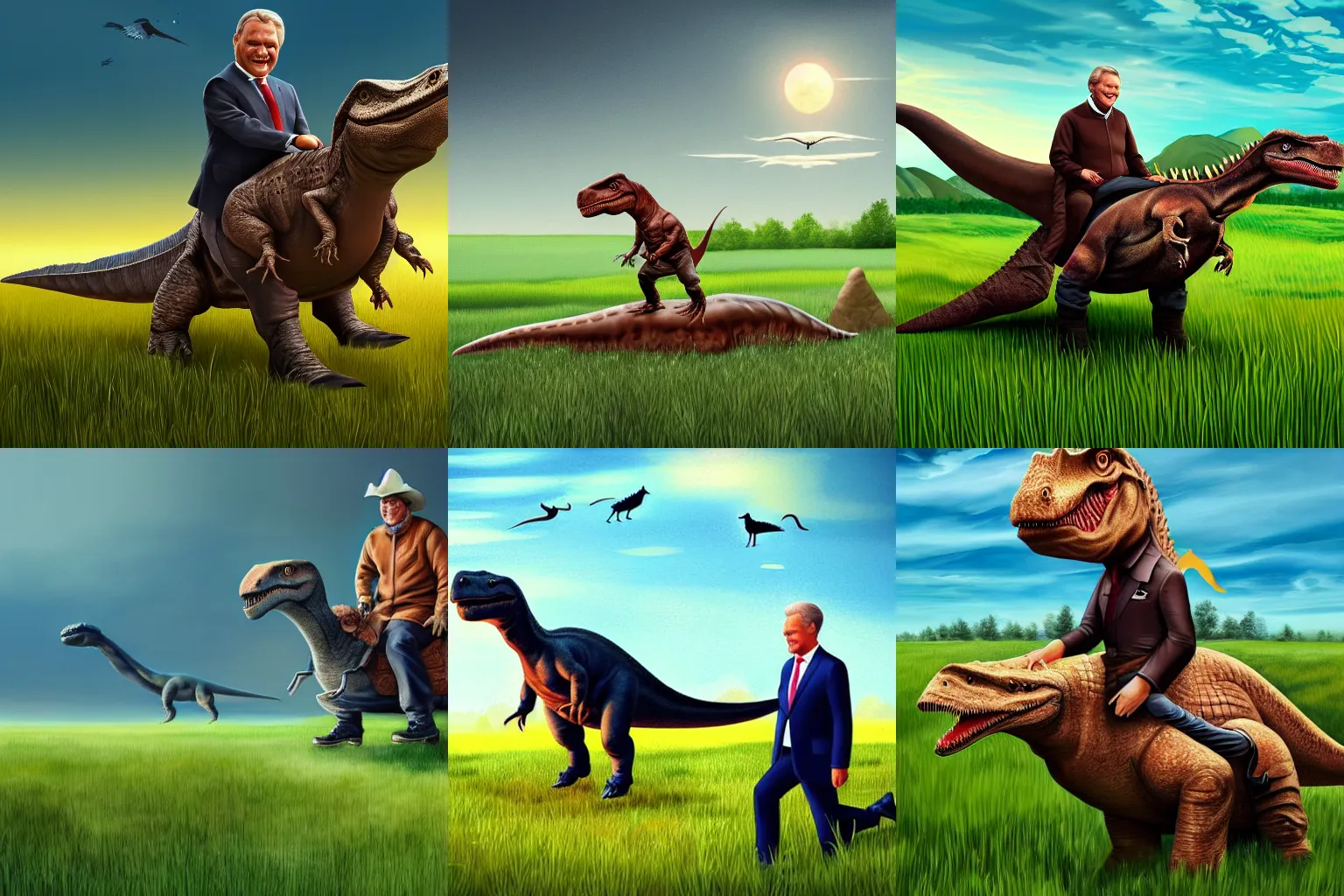 Prompt: illustration of president sauli niinisto riding a dinosaur on a field of grass by justin sweet, high quality, artstation trending, high detail