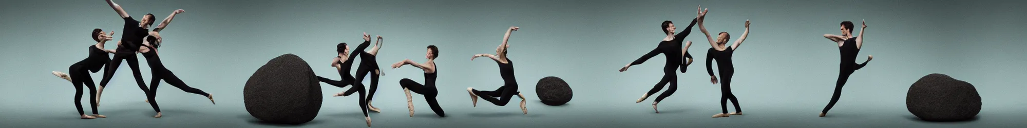 Image similar to ensemble of sisyphus in green-screen suits pushing a boulder through an empty space, white background, ballet performance photography