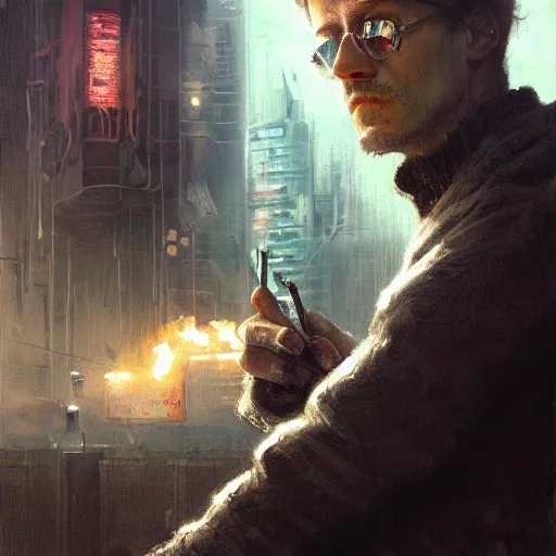 Prompt: henry dorsett case, middleaged shaggy gay, smoker, hacker, cyberpunk, painted by seb mckinnon, high detail, dramatic light, digital art, painted by greg rutkowski, promotional movie posterart, trending on artstation