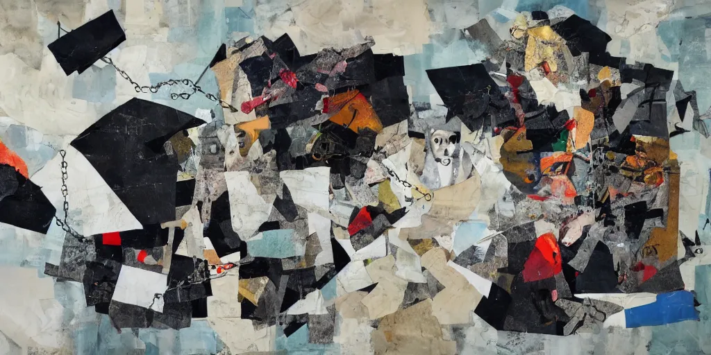Image similar to mad dog on a chain, collage, sweeping paper and acrylic on canvas, minimalism and expressionism movement, breathtaking detailed, by natalia dumitrescu