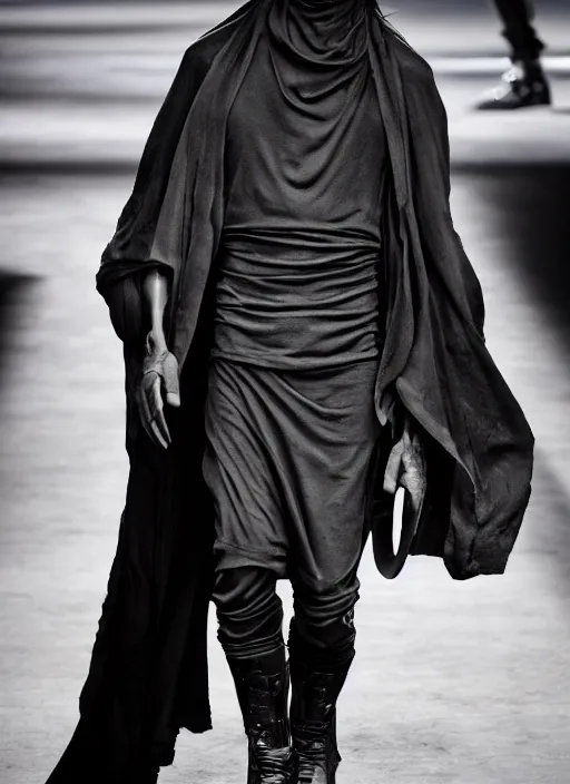 Image similar to hyperrealistic and heavy detailed rick owens avant garde runway show of batman, leica sl 2 5 0 mm, vivid color, high quality, high textured, real life