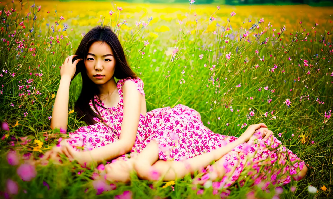 Image similar to a beautiful young Asian woman lying in a field of wildflowers, wearing a sun dress, portrait, dreamy, cinematic, depth of field, glow