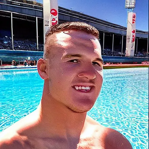 Image similar to “a realistic detailed photo of a guy who is named Mike Trout a baseball player, frozen like a statue, with shiny skin, by a pool, on display”