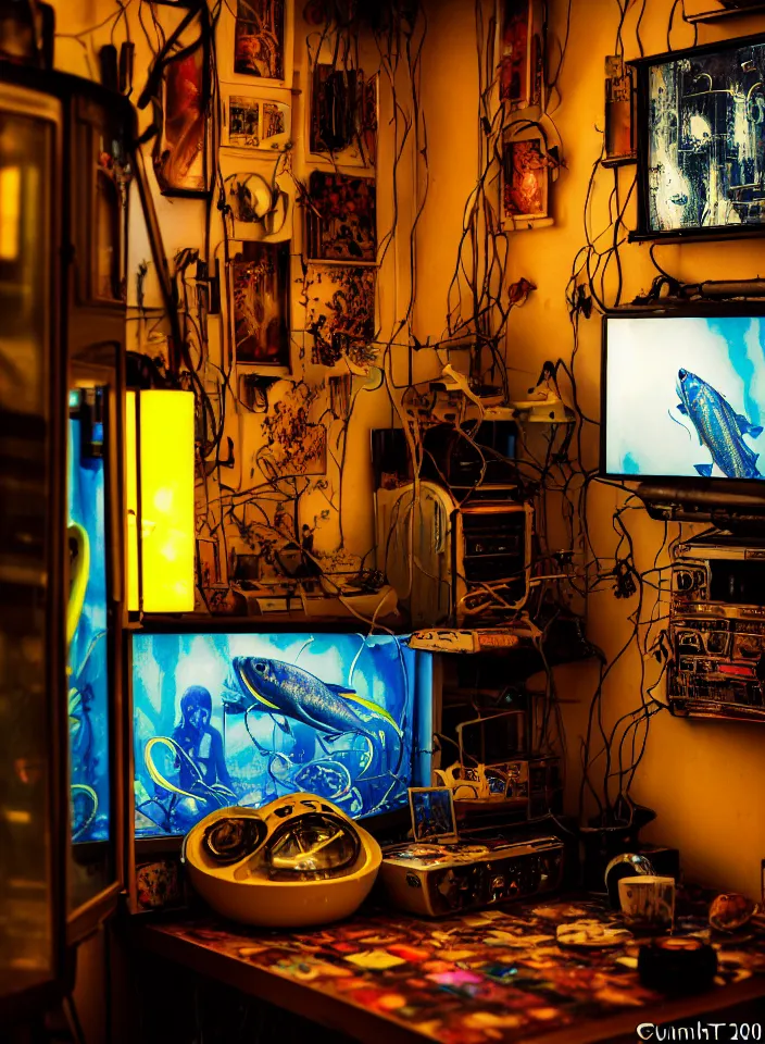 Image similar to telephoto 7 0 mm f / 2. 8 iso 2 0 0 photograph depicting the feeling of chrysalism in a cosy cluttered french sci - fi ( ( art nouveau ) ) cyberpunk apartment in a dreamstate art cinema style. ( ( computer screens, sink ( ( ( fish tank ) ) ) ) ), ambient light.