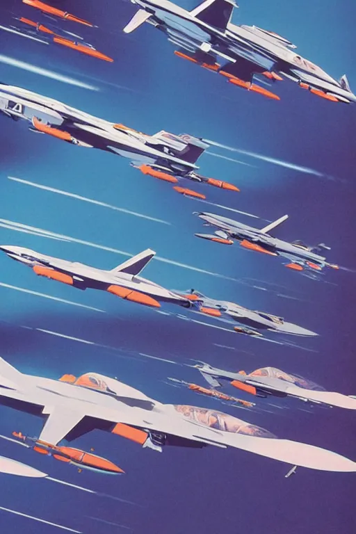 Image similar to a group of fighter jets flying next to each other, poster art by syd mead, behance, retrofuturism, dynamic composition, poster art, glitch art