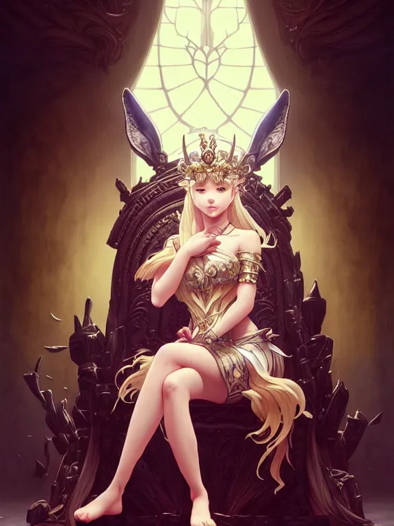 Image similar to full body picture of a girl with wolf ears sitting on the throne, bored, beautiful and aesthetic, intricate, unreal engine, neat hair, highly detailed, detailed face, smooth, sharp focus, chiaroscuro, manga illustration, artgerm, greg rutkowski, ilya kuvshinov, rossdraws, alphonse mucha, young adult light novel cover art