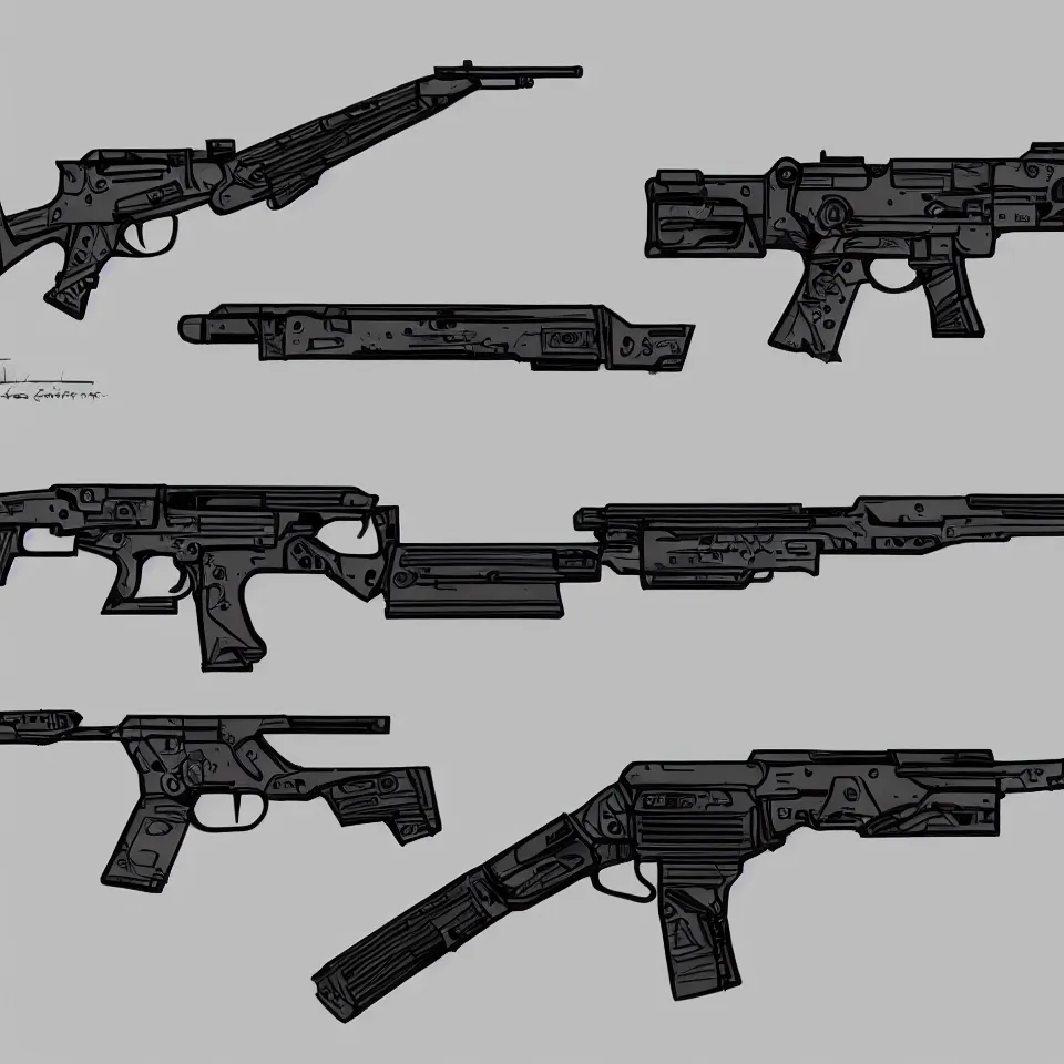 Prompt: concept art minimalist gun rifle weapon design all attachments