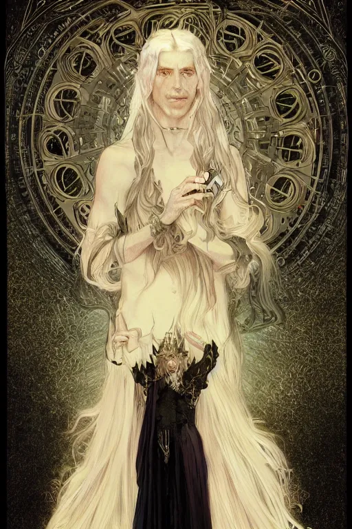 Prompt: tarot card, 4k HD digital full body portrait of beautiful regal elven king, long white hair, black paper, wheel of sigils in the background, by Alphonse Mucha, Craig Mullins, Marc Simonetti, Artstation