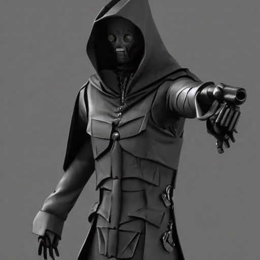 Prompt: humanoid handgun wearing a dark cloak, photorealistic, sharp image, highly detailed, fantasy