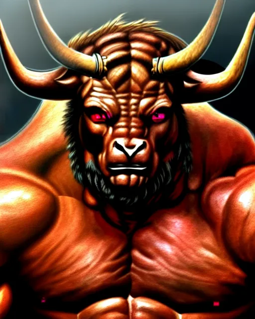 Image similar to minotaur from path of exile, portrait, digital painting, pecs like Schwarzenegger, highly detailed, intricate, trending on artstation, art by John Buscema