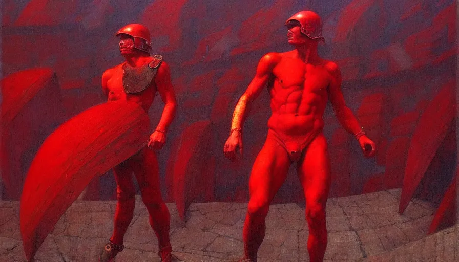 Image similar to only with red, a red gladiator in a crowded roman amphitheatre, crowd cheers him, in the style of beksinski, parts by edward hopper, parts by rodcenko, parts by yue minjun, intricate and epic composition, red by caravaggio, insane quality, highly detailed, masterpiece, red light, artstation