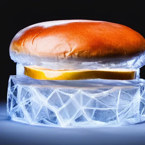 Image similar to a clear ice sculpture of a burger made entirely of ice, 4 k