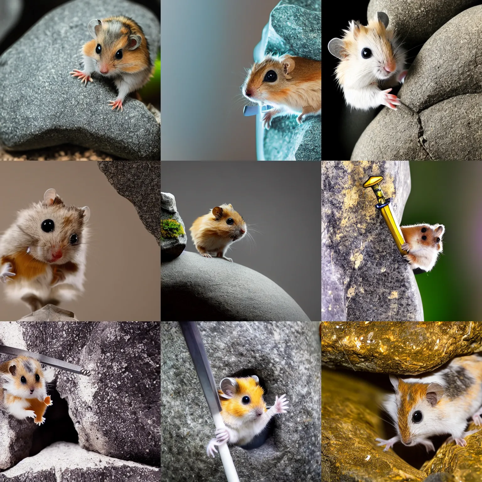 Prompt: A highly detailed photograph of a roborovski hamster, climbing up a massive sword stuck in a stone