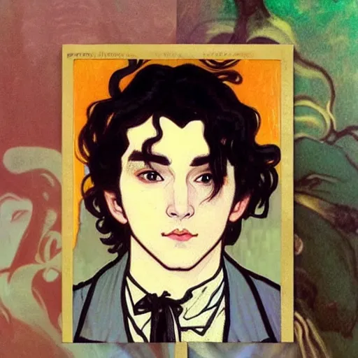 Prompt: painting of young cute handsome beautiful dark medium wavy hair man in his 2 0 s named shadow taehyung and cute handsome beautiful min - jun together at the halloween! party, ghostly, haunted, ghostly, ghosts, autumn! colors, elegant, wearing suits!, clothes!, delicate facial features, art by alphonse mucha, vincent van gogh, egon schiele