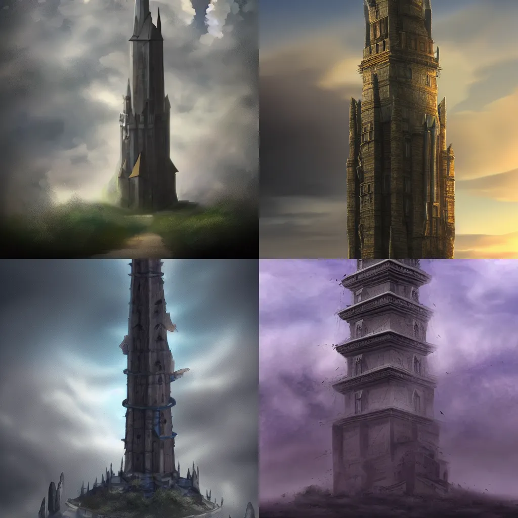 Prompt: mystical tower reaching into the sky, partially covered by clouds, trending on artstation