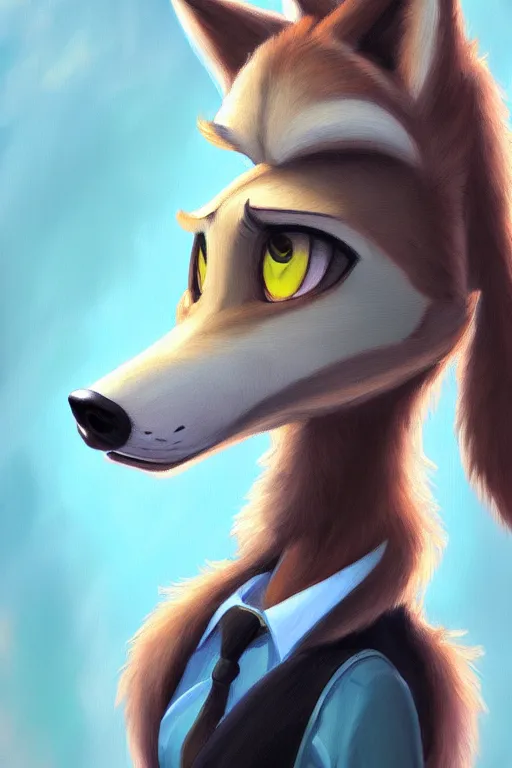 Image similar to oil painting of anthromorphic female wolf, in style of zootopia, female fursona, furry, furaffinity, 4 k, deviantart, furry art, fursona art, wearing black business suit, business suit, wolf fursona, female, smug expression,