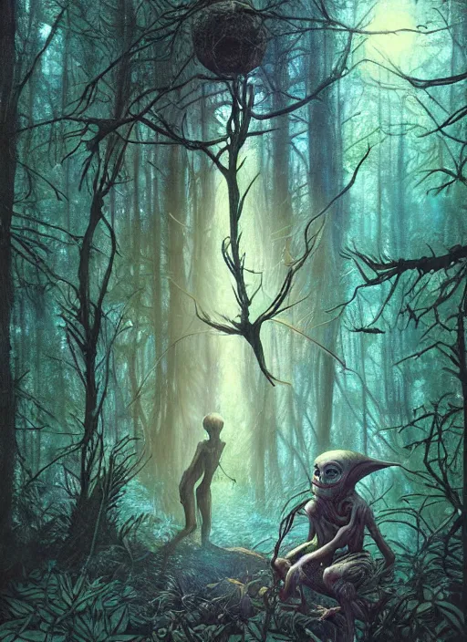 Image similar to hyper realistic magic alien in the woods in a river gorgeous lighting, lush forest foliage blue sky a hyper realistic ink drawing by chiara bautista and beksinski and norman rockwell and greg rutkowski, tom bagshaw weta studio, and lucasfilm