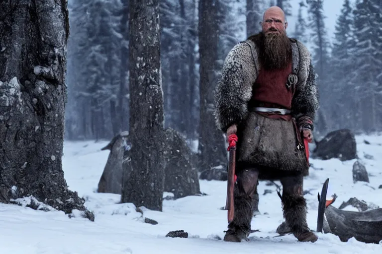 Image similar to vfx movie tough bald man in furs, natural grizzled skin, streaks of red face paint grey beard, dual wielding detailed viking war axes, in snowy tahoe by emmanuel lubezki