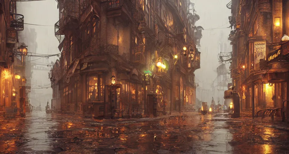 Prompt: steampunk city streets in the rain by jean-honore fragonard, junk everywhere, wires hanging, steam, trending on artstation, octane render