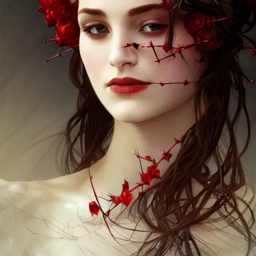 Prompt: portrait of very beautiful vampire, rose thorn crown, thorns everywhere, headshot, pale skin, 4k, rule of thirds, extreme detail, detailed drawing, trending artstation, hd, fantasy, D&D, realistic lighting, by Alphonse Mucha, Greg Rutkowski, sharp focus, backlit, blonde hair, elegant