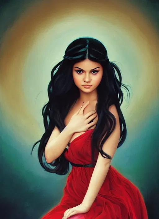 Prompt: beautiful thirty year old woman with long black hair, tan skin, curvy hourglass figure, round cute face, slightly resembles selena gomez wearing a colorful disney princess gown with mickey mouse ears headband sitting in an armchair. beautiful painting by lois van baarle and artgerm and bouguereau
