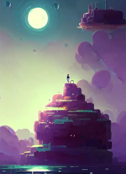 Prompt: highly detailed picture of a floating island with futuristic buildings and rivers falling into the universe, atey ghailan, by greg rutkowski, by greg tocchini, by james gilleard, by joe fenton, by kaethe butcher, purple gradient, neon blue, neon red and white color scheme, trending in pinterest, award winning details hd