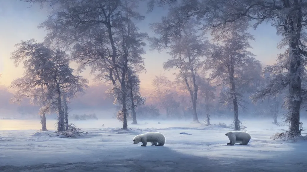 Image similar to the most beautiful panoramic landscape, oil painting, where a giant dreamy lake is frozen, the trees around have snow over their leafs, a majestic polar bear is exhaling steam and the ray lights of the sunrise are brightening him, by greg rutkowski