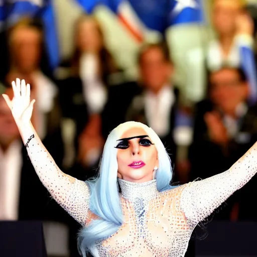 Image similar to Lady Gaga president of Argentina, Argentina flag behind, bokeh, detailed, hd, waving hands