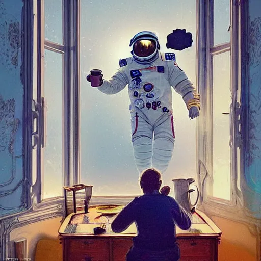 Image similar to a single cosmonaut in a spacesuit drinks a steaming cup of tea at an old wooden desk in a richly decorated house. :: by beeple and James Gilleard and Justin Gerard :: the autumn light comes in through a window and dimly illuminates the room. Ornate, dynamic, particulate, intricate, elegant, highly detailed, centered, artstation, smooth, sharp focus, photoreal octane render, 3d