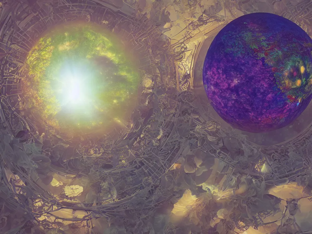 Image similar to 3 d render, sunlight study, the universe is a spheroid region 7 0 5 meters in diameter, art nouveau, by rachel ruysch and ( ( ( ( ( lisa frank ) ) ) ) ), 8 k, sharp focus, octane render