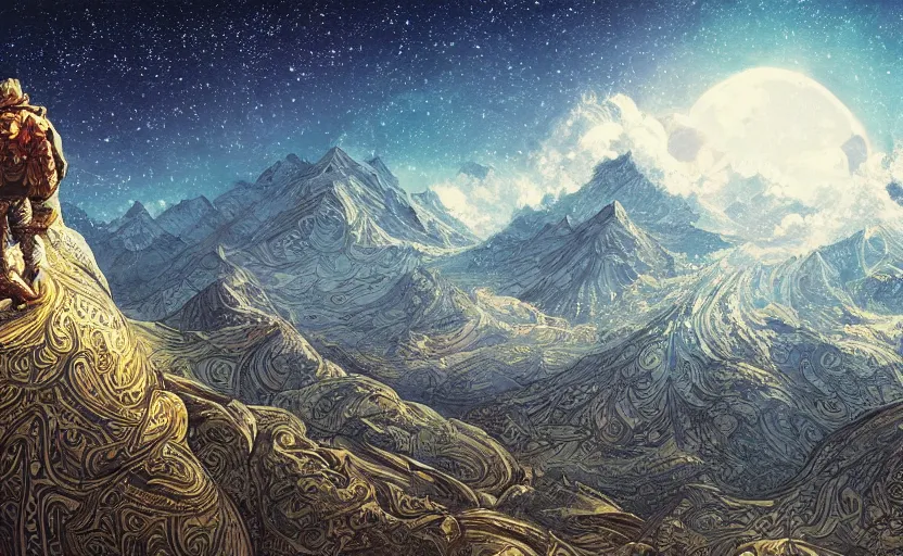 Prompt: mountains, stars and paisley filled sky, artstation, intricate, highly detailed, digital painting, concept art, sharp focus, illustration by Yoshitaka Amano and Kilian Eng