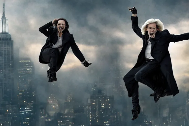Image similar to vfx movie suave handsome grinning vampire with long white hair, trench coat, dual wielding large revolvers, leaping into the air, low gravity in a shattered reality of new york city, by emmanuel lubezki