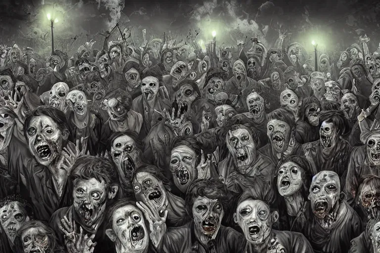 Prompt: zombies at the rally, screaming faces, dark night, highly detailed digital art, photorealistic