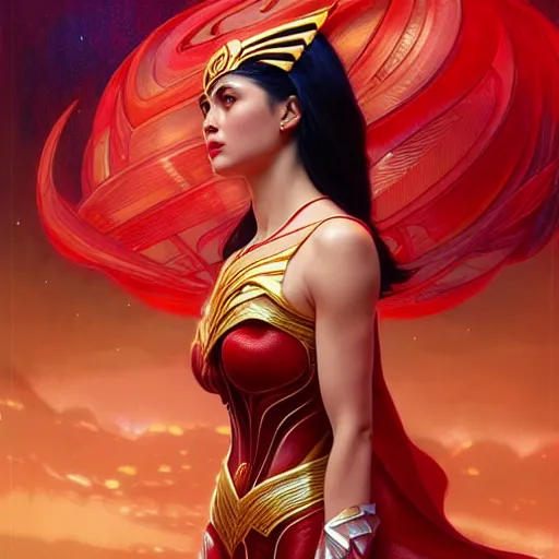 Image similar to kristine hermosa as darna, volumetric lights, red and cyan theme, art nouveau botanicals, intricate, highly detailed, digital painting, artstation, concept art, smooth, sharp focus, cinematic, illustration, beautiful face, art by artgerm and greg rutkowski and alphonse mucha