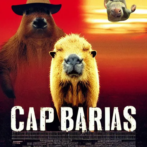 Image similar to movie poster about capybaras, action movie poster, realistic capybaras