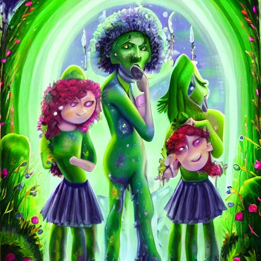 Image similar to a highly detailed painting. The musician Prince behind two beautiful twin sisters. He is green with jealousy. The sisters are happy and radiant. Trending on Artstation.