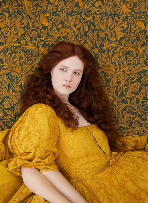 Prompt: preraphaelite portrait photography reclining on bed, brown hair fringe, yellow ochre ornate medieval dress, william morris, 4 k