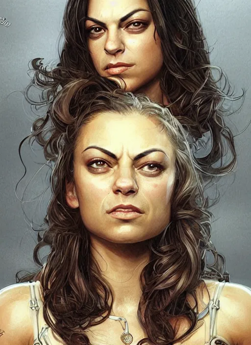 Image similar to muscled Mila Kunis grinning as a ruggedly handsome heroine, intricate, elegant, highly detailed, centered, artstation, concept art, smooth, sharp focus, illustration, bokeh art by artgerm and donato giancola and Joseph Christian Leyendecker, WLOP